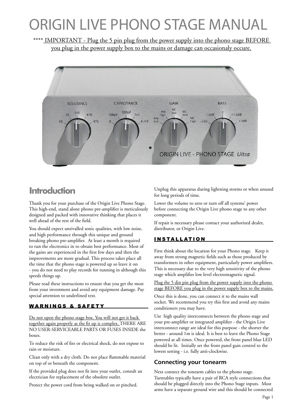 Origin Live PHONO STAGE User Manual | 2 pages