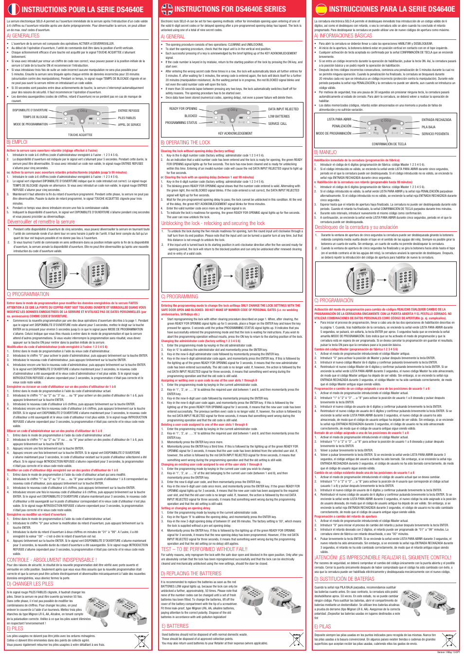 A) general, B) operating the lock, Test – to be performed without fail | C) programming, D) replacing the batteries, E) batteries, A) generalites, B) emploi, Déverrouiller et remettre la serrure, Controle - absolument indispensable | Phoenix DS4640 User Manual | Page 2 / 2