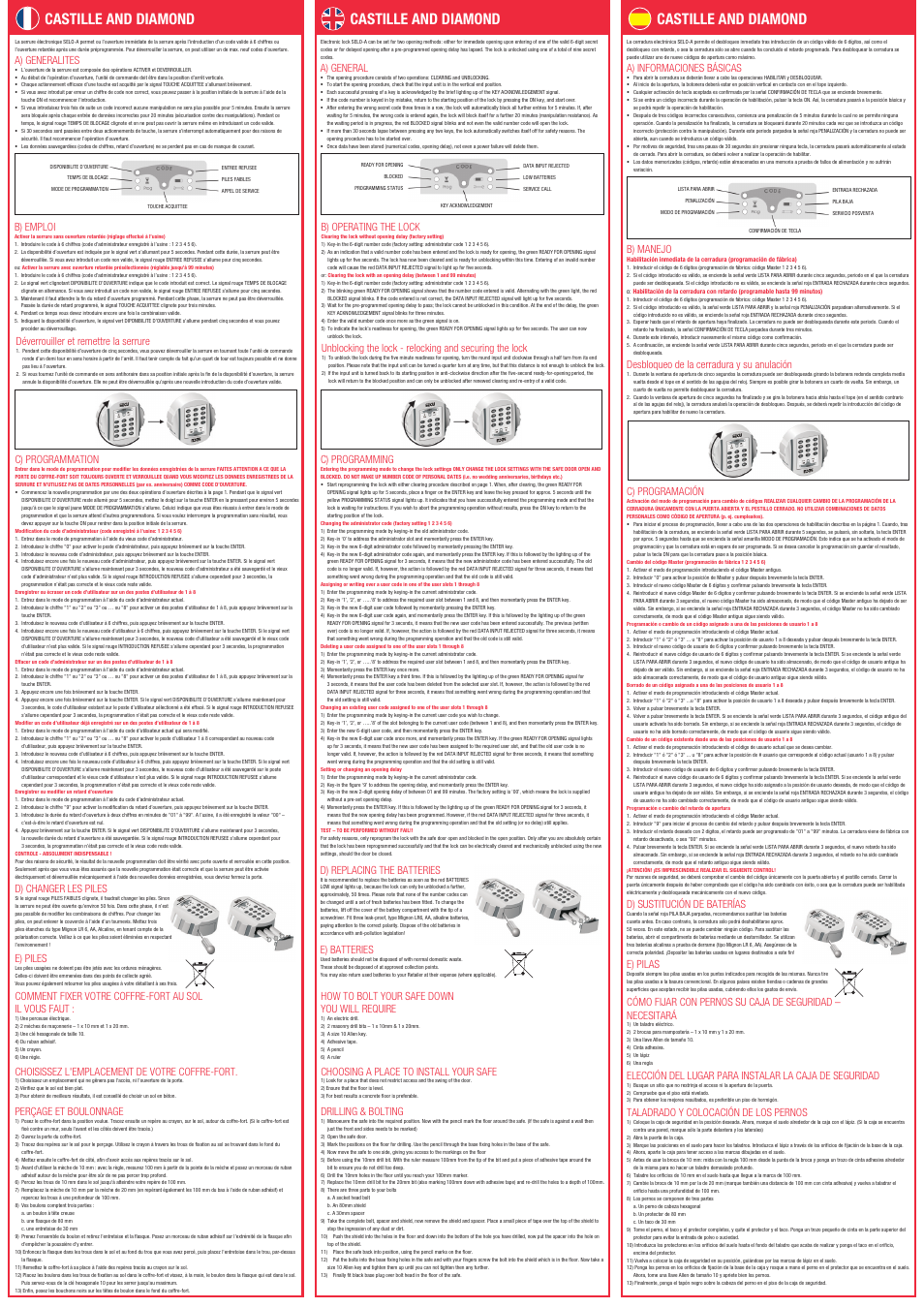 Castille and diamond, A) general, B) operating the lock | C) programming, D) replacing the batteries, E) batteries, How to bolt your safe down you will require, Choosing a place to install your safe, Drilling & bolting, A) generalites | Phoenix Castille-Diamond E Series User Manual | Page 2 / 2