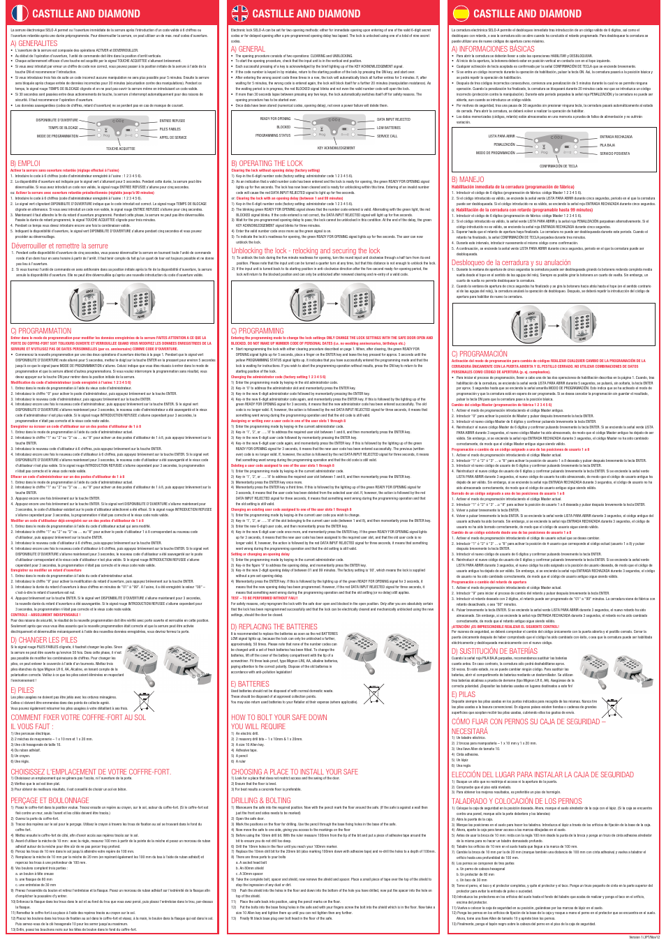 Castille and diamond, A) general, B) operating the lock | C) programming, D) replacing the batteries, E) batteries, How to bolt your safe down you will require, Choosing a place to install your safe, Drilling & bolting, A) generalites | Phoenix Castille-Diamond Multi User Manual | Page 2 / 2