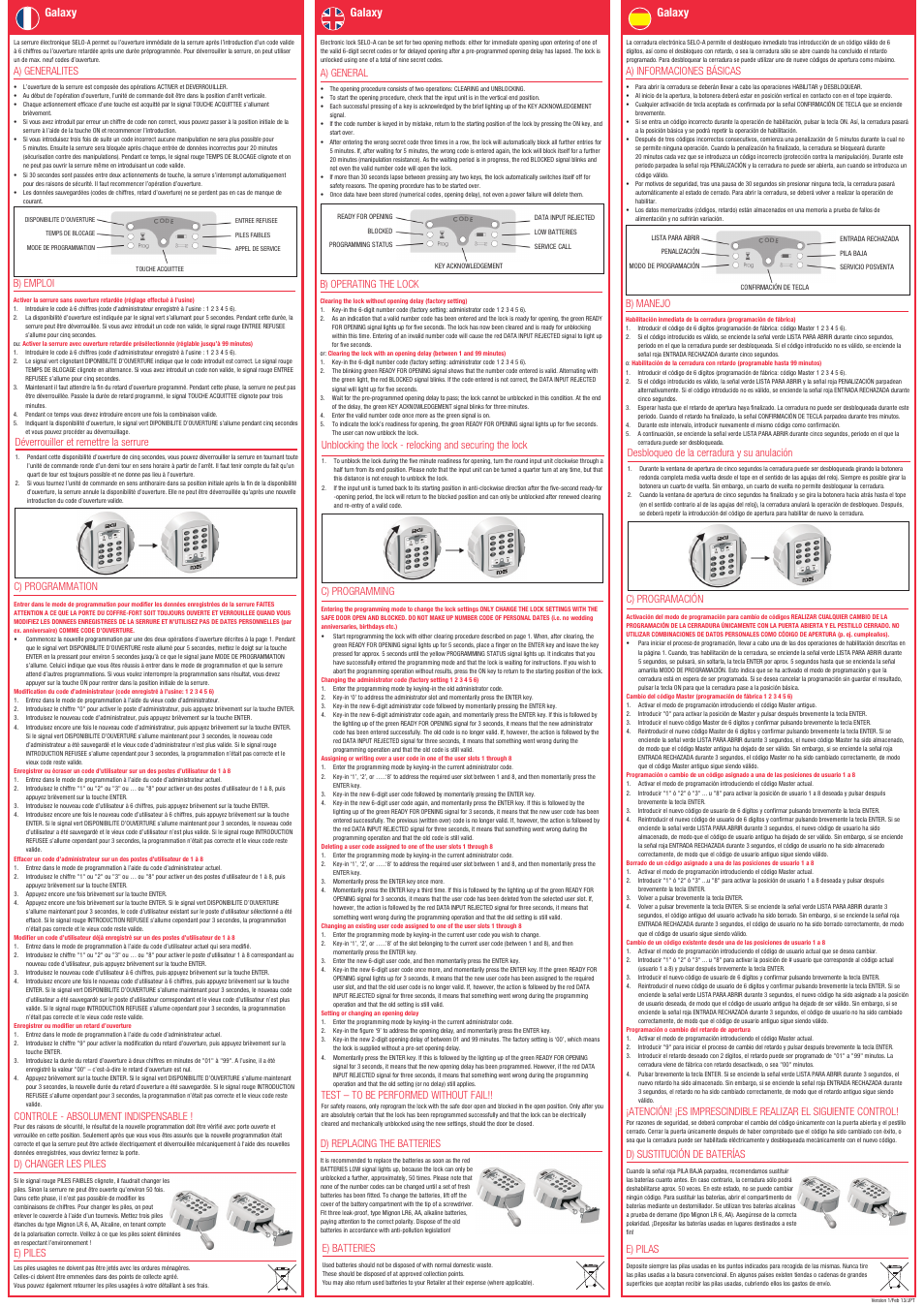 Galaxy, A) general, B) operating the lock | Test – to be performed without fail, C) programming, D) replacing the batteries, E) batteries, A) generalites, B) emploi, Déverrouiller et remettre la serrure | Phoenix HS1120 User Manual | Page 2 / 2