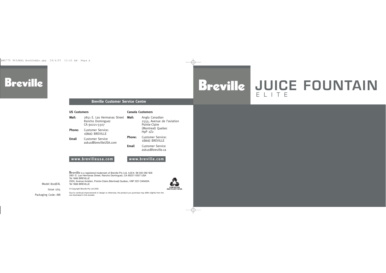 Breville JUICE FOUNTAIN ELITE User Manual | 63 pages