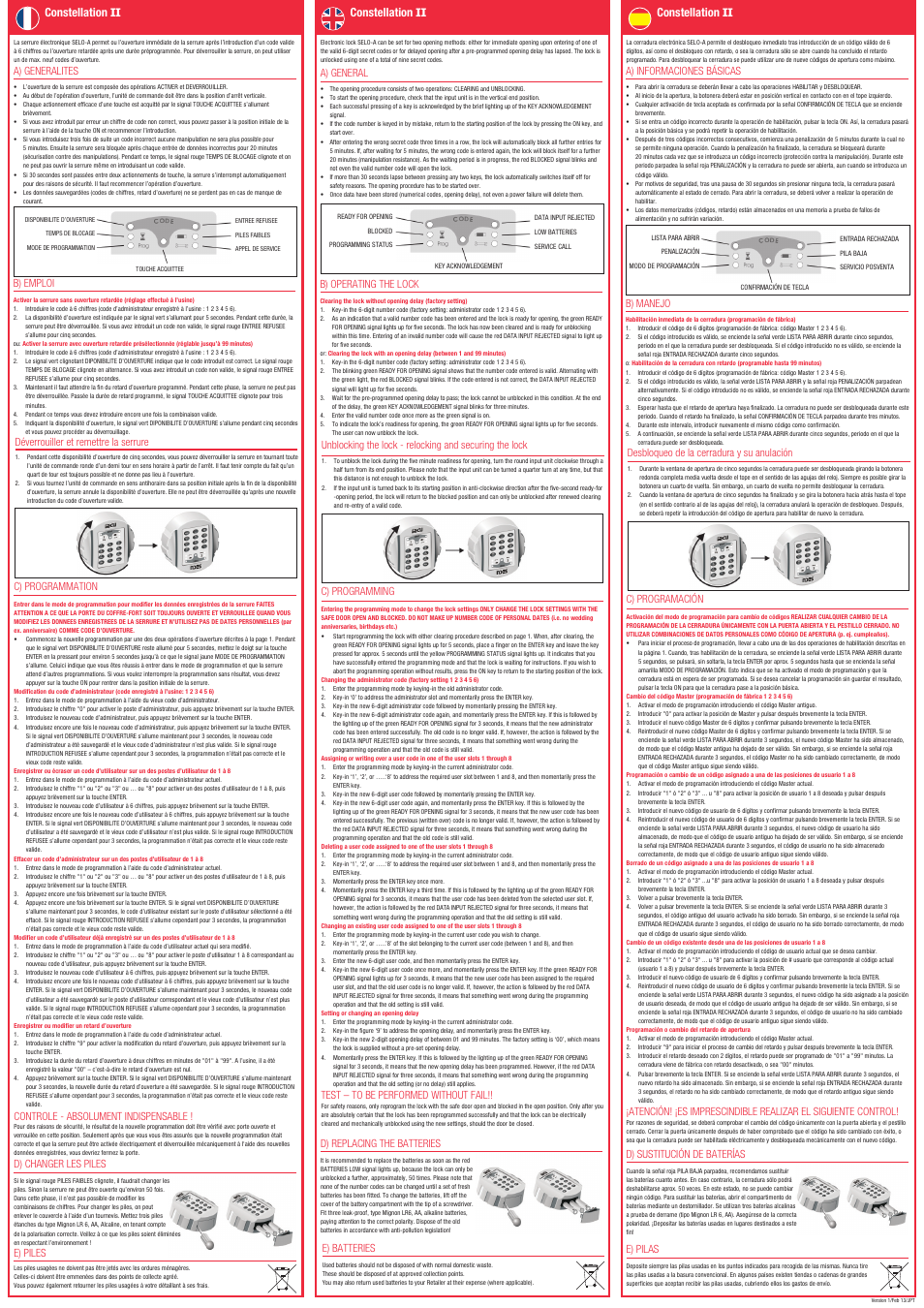 Constellation ii, A) general, B) operating the lock | Test – to be performed without fail, C) programming, D) replacing the batteries, E) batteries, A) generalites, B) emploi, Déverrouiller et remettre la serrure | Phoenix HS1130 User Manual | Page 2 / 2