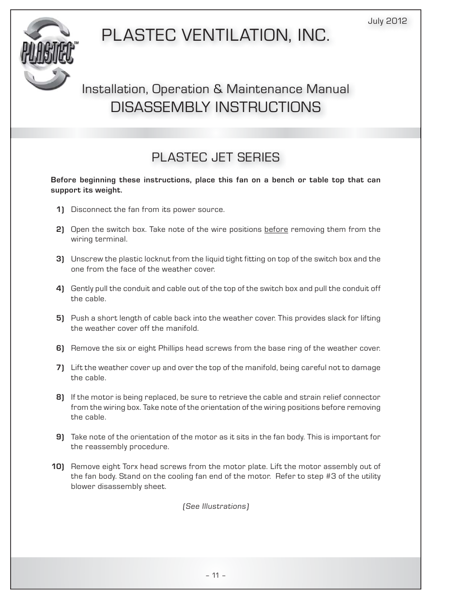 Pl astec ventilation, inc, Disassembly instructions, Installation, operation & maintenance manual | Plastec jet series | Plastec Adjustable Dampers User Manual | Page 12 / 20