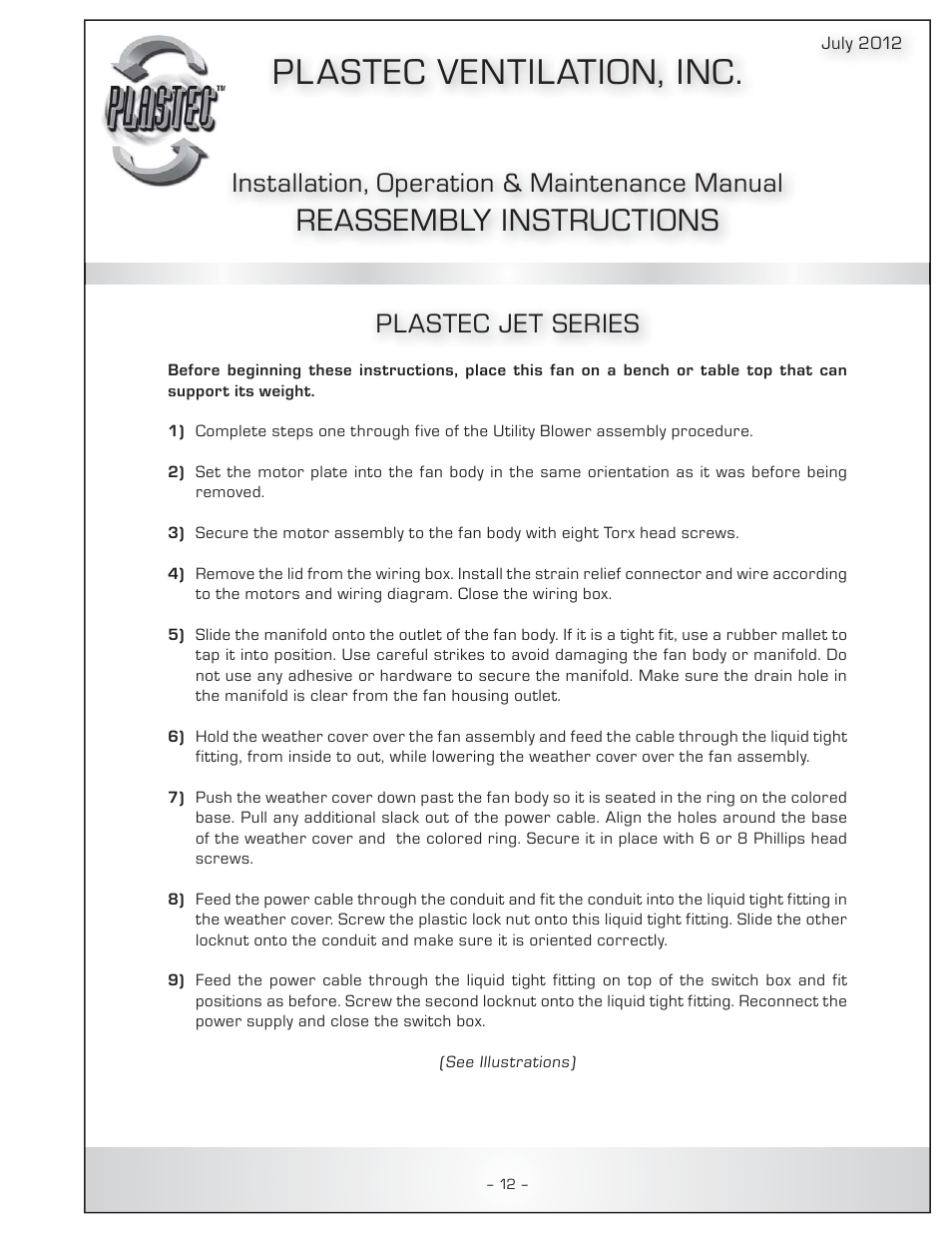 Pl astec ventilation, inc, Reassembly instructions, Installation, operation & maintenance manual | Plastec jet series | Plastec Adjustable Dampers User Manual | Page 13 / 20