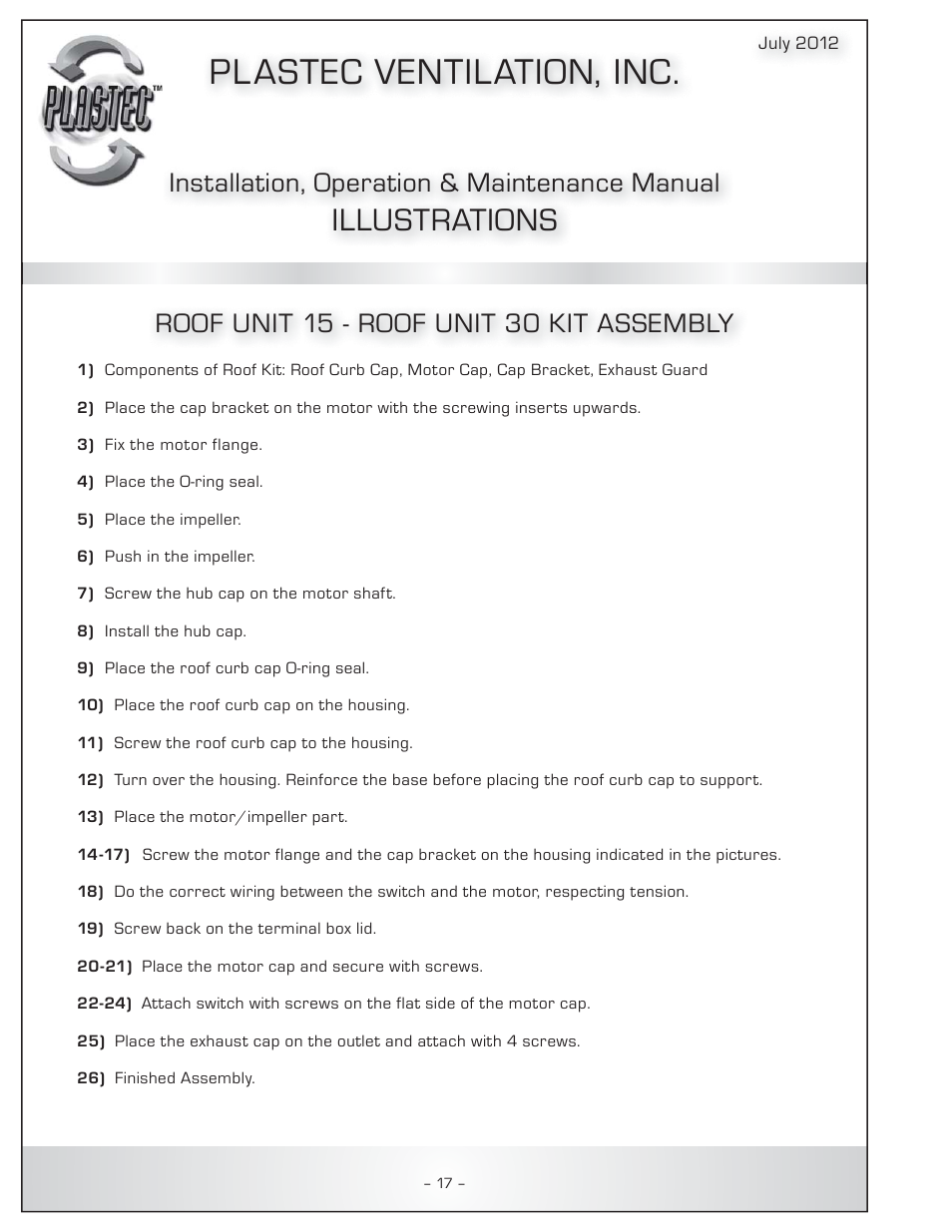 Pl astec ventilation, inc, Illustrations, Installation, operation & maintenance manual | Roof unit 15 - roof unit 30 kit assembly | Plastec Adjustable Dampers User Manual | Page 18 / 20