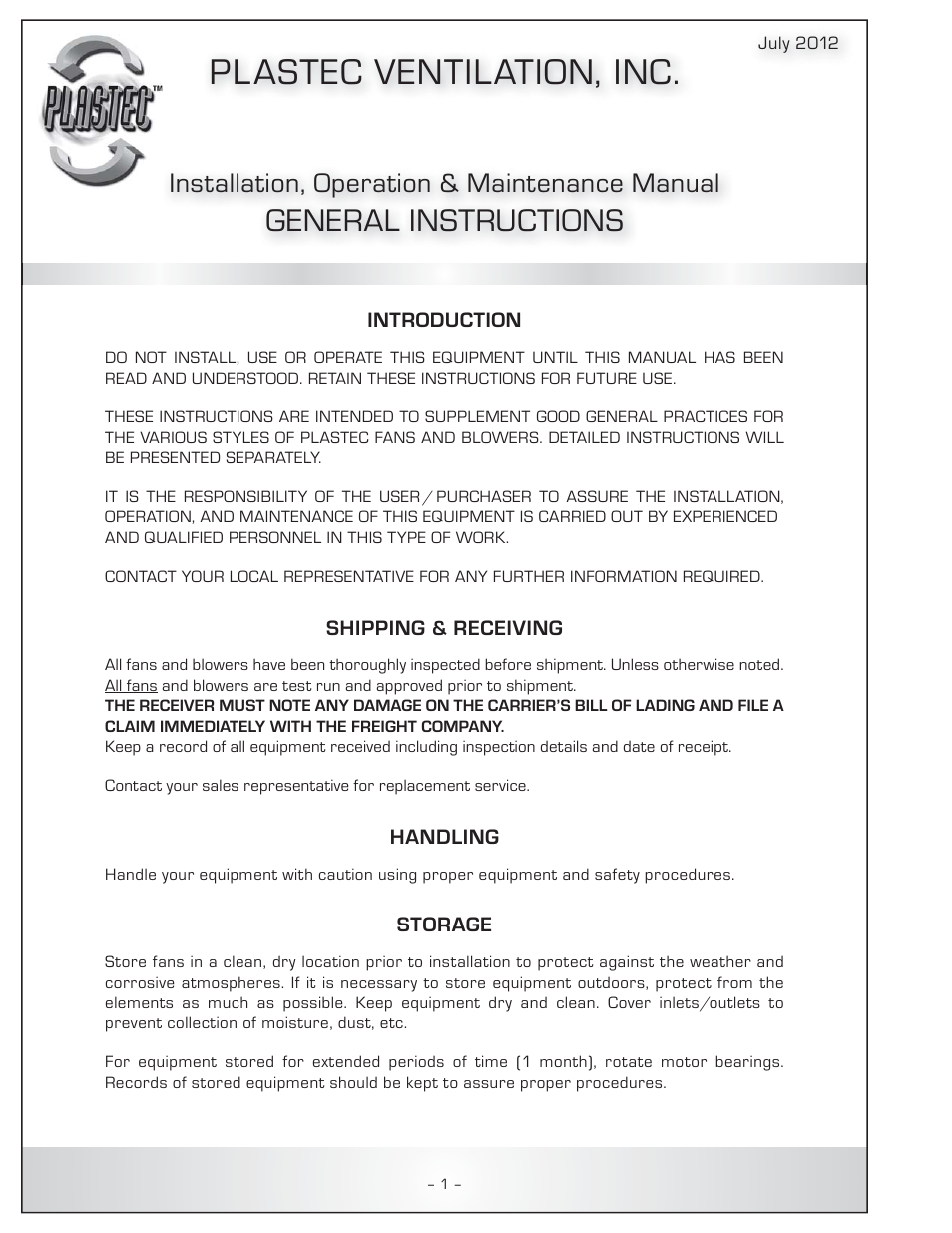 Pl astec ventilation, inc, General instructions, Installation, operation & maintenance manual | Plastec Adjustable Dampers User Manual | Page 2 / 20