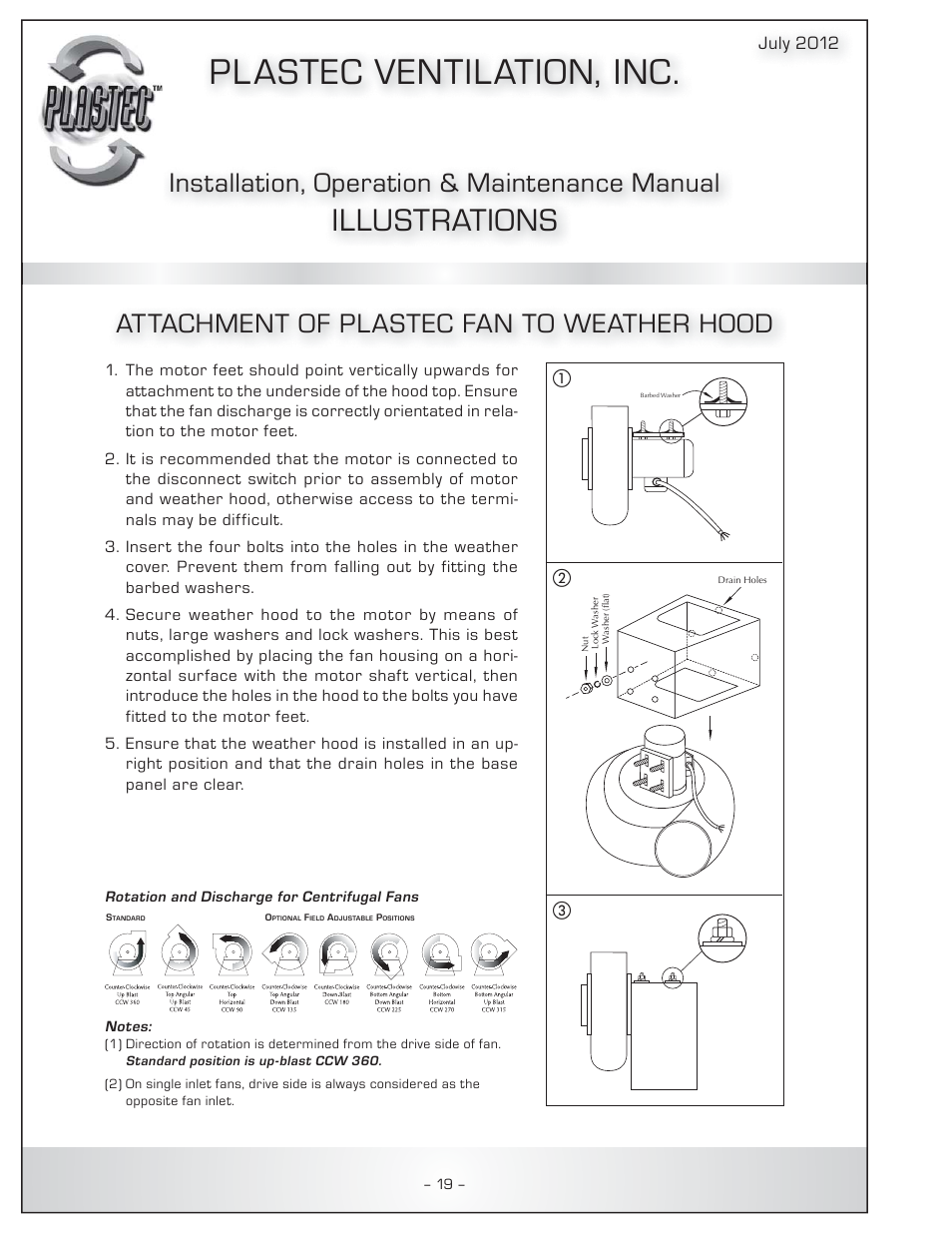 Pl astec ventilation, inc, Illustrations, Installation, operation & maintenance manual | Attachment of plastec fan to weather hood, ቢባ ቤ, July 2012 | Plastec Adjustable Dampers User Manual | Page 20 / 20