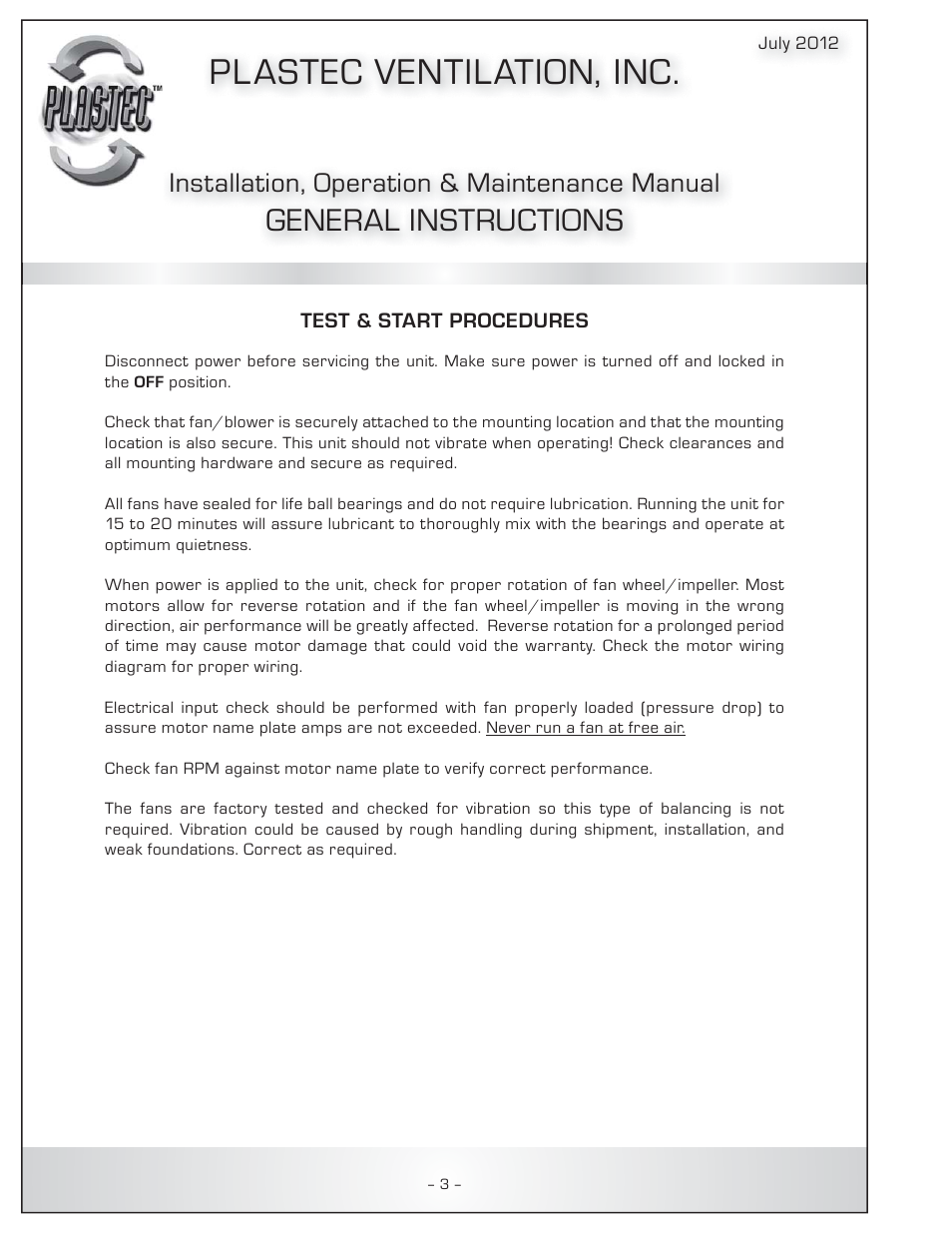 Pl astec ventilation, inc, General instructions, Installation, operation & maintenance manual | Plastec Adjustable Dampers User Manual | Page 4 / 20