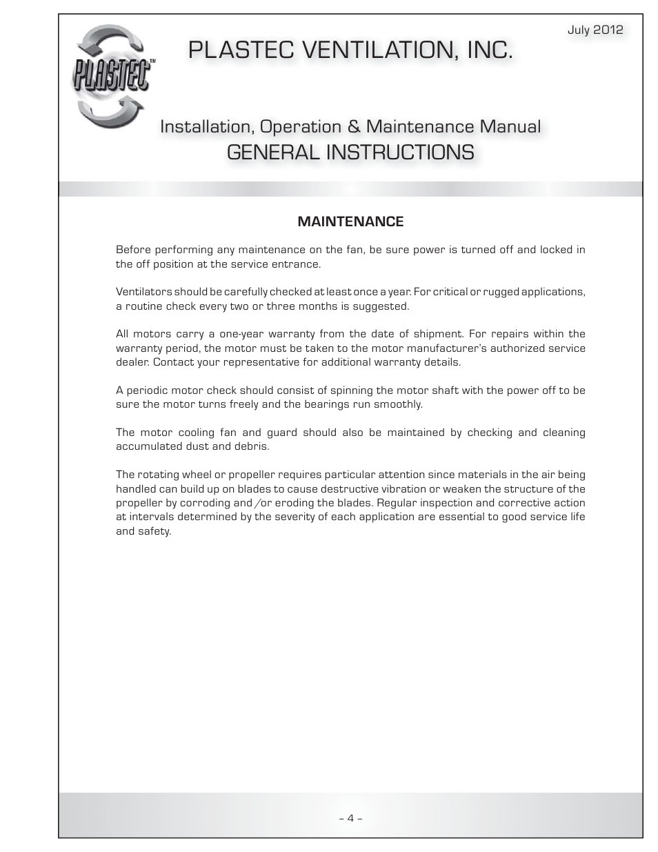 Pl astec ventilation, inc, General instructions, Installation, operation & maintenance manual | Plastec Adjustable Dampers User Manual | Page 5 / 20