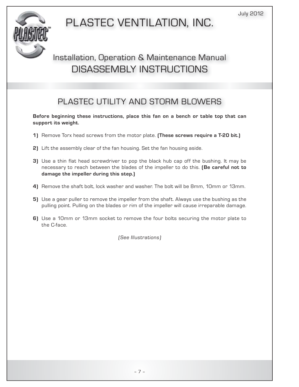 Pl astec ventilation, inc, Disassembly instructions, Installation, operation & maintenance manual | Plastec utility and storm blowers | Plastec Adjustable Dampers User Manual | Page 8 / 20