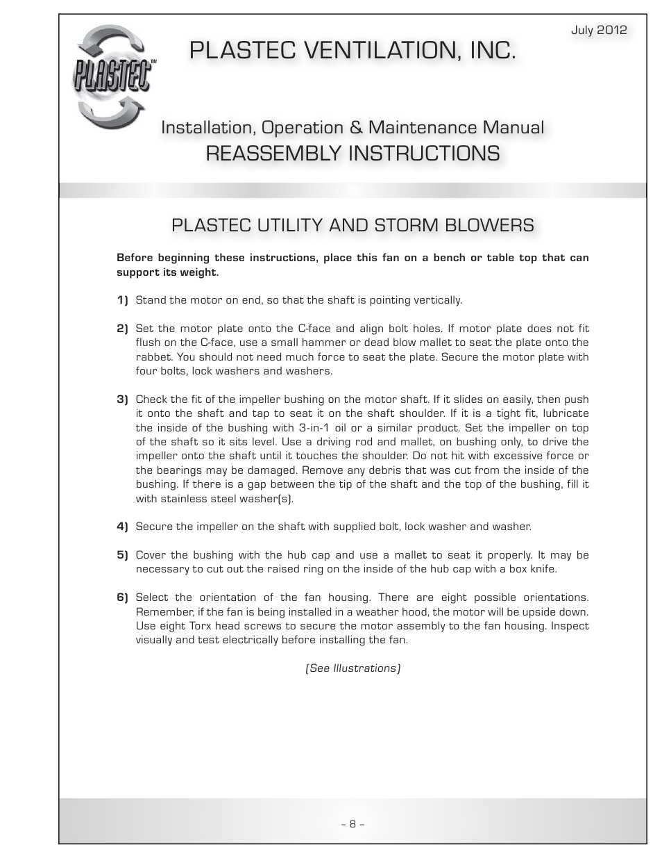 Pl astec ventilation, inc, Reassembly instructions, Installation, operation & maintenance manual | Plastec utility and storm blowers | Plastec Adjustable Dampers User Manual | Page 9 / 20