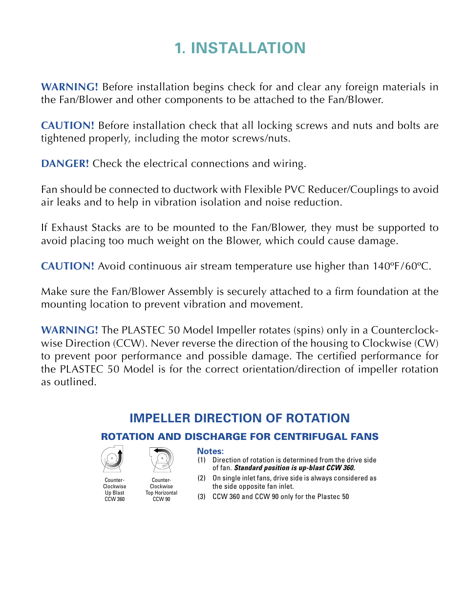 Installation, Impeller direction of rotation | Plastec 50 User Manual | Page 3 / 7