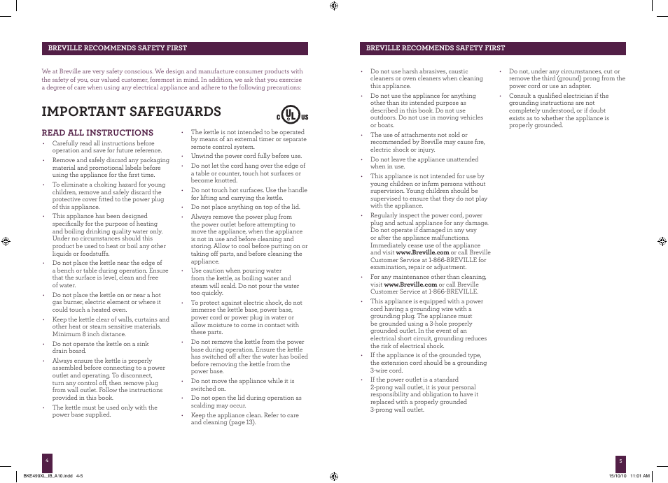 Important safeguards, Read all instructions | Breville the Soft Top BKE490XL User Manual | Page 2 / 6