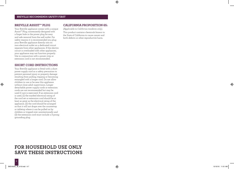 For household use only save these instructions | Breville the Soft Top BKE490XL User Manual | Page 3 / 6