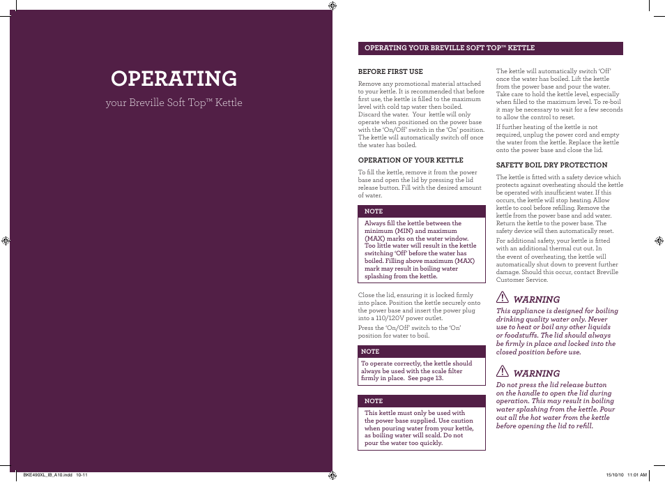 Operating, Your breville soft top™ kettle, Warning | Breville the Soft Top BKE490XL User Manual | Page 5 / 6