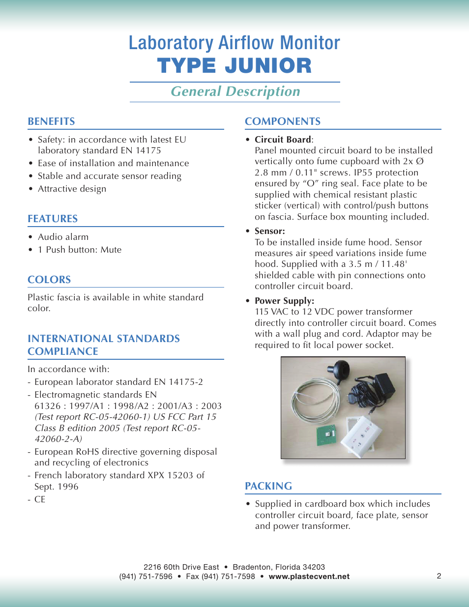 Type junior, Laboratory airflow monitor, General description | Plastec Junior Air Control User Manual | Page 2 / 9