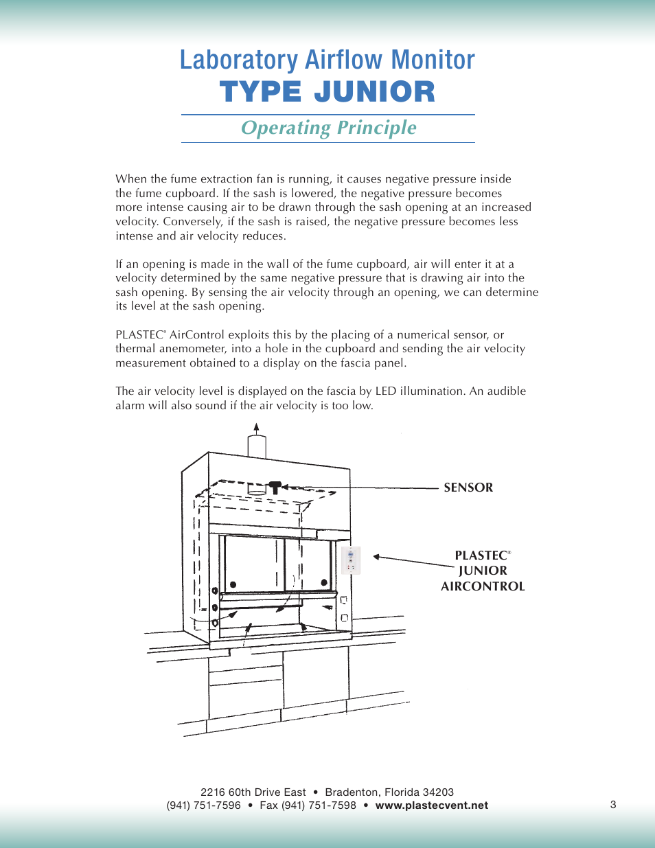 Type junior, Laboratory airflow monitor, Operating principle | Plastec Junior Air Control User Manual | Page 3 / 9