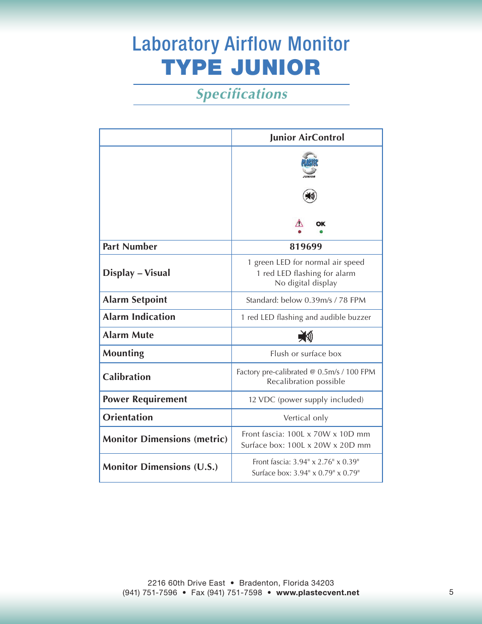 Type junior, Laboratory airflow monitor, Specifications | Plastec Junior Air Control User Manual | Page 5 / 9