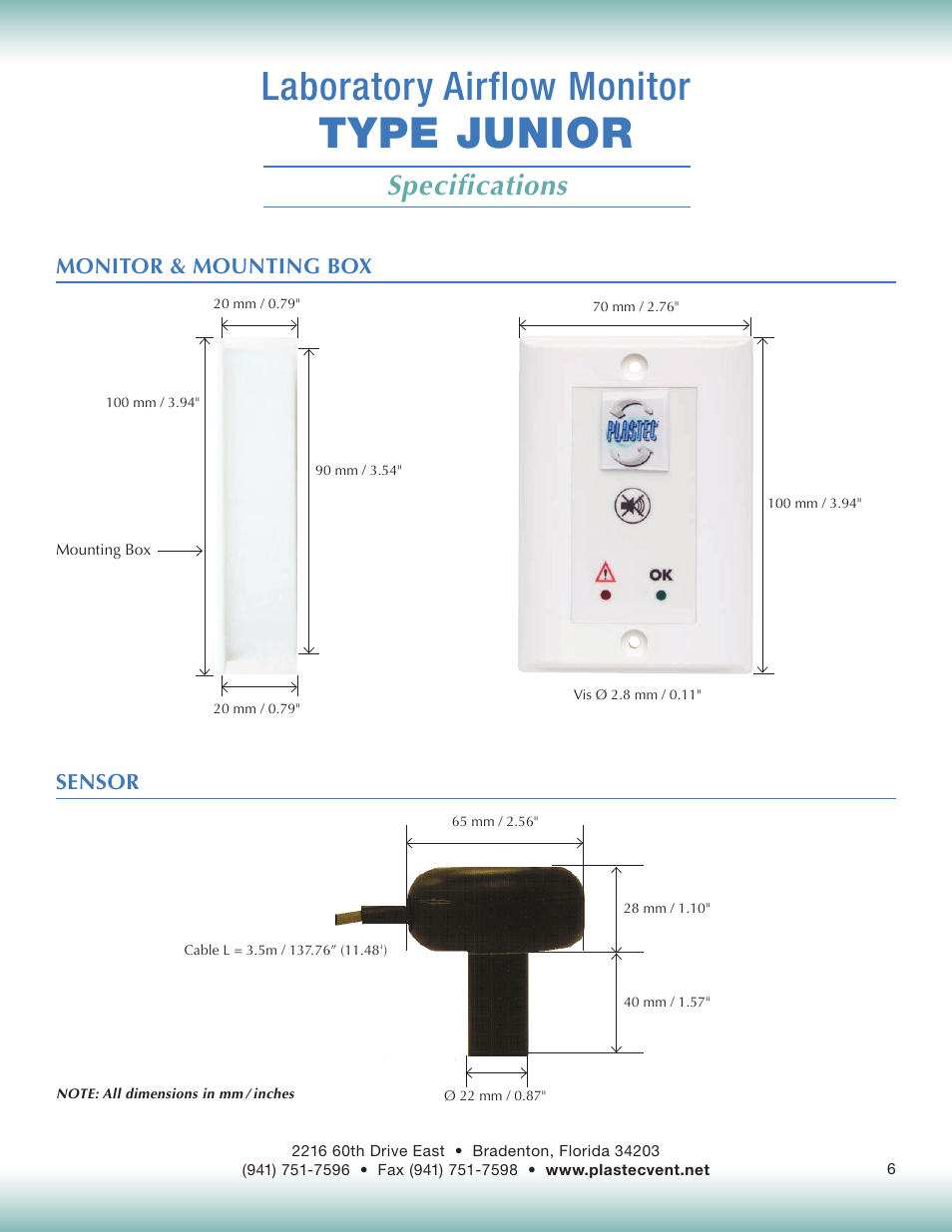 Type junior, Laboratory airflow monitor, Specifications | Plastec Junior Air Control User Manual | Page 6 / 9