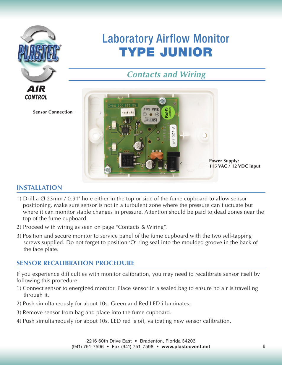 Type junior, Laboratory airflow monitor, Contacts and wiring | Plastec Junior Air Control User Manual | Page 8 / 9