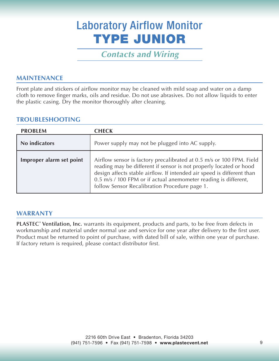 Type junior, Laboratory airflow monitor, Contacts and wiring | Plastec Junior Air Control User Manual | Page 9 / 9