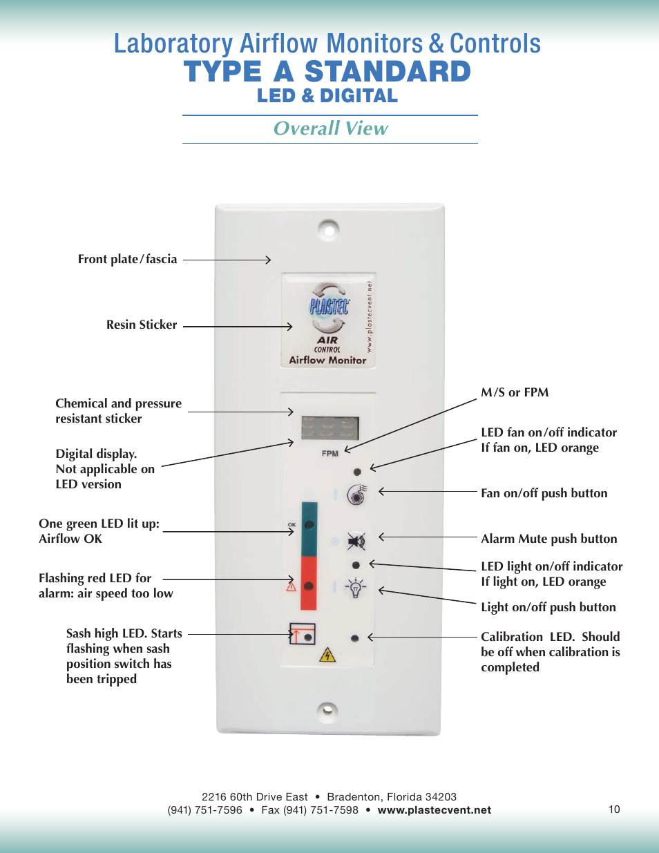 Type a standard, Laboratory airflow monitors & controls, Overall view | Led & digital | Plastec Airflow Monitor A User Manual | Page 10 / 14