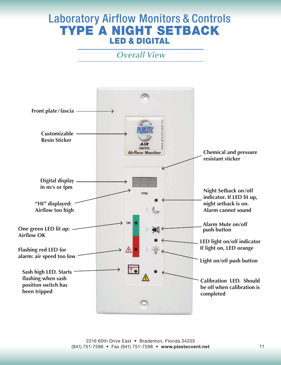 Type a night setback, Laboratory airflow monitors & controls, Overall view | Led & digital | Plastec Airflow Monitor A User Manual | Page 11 / 14