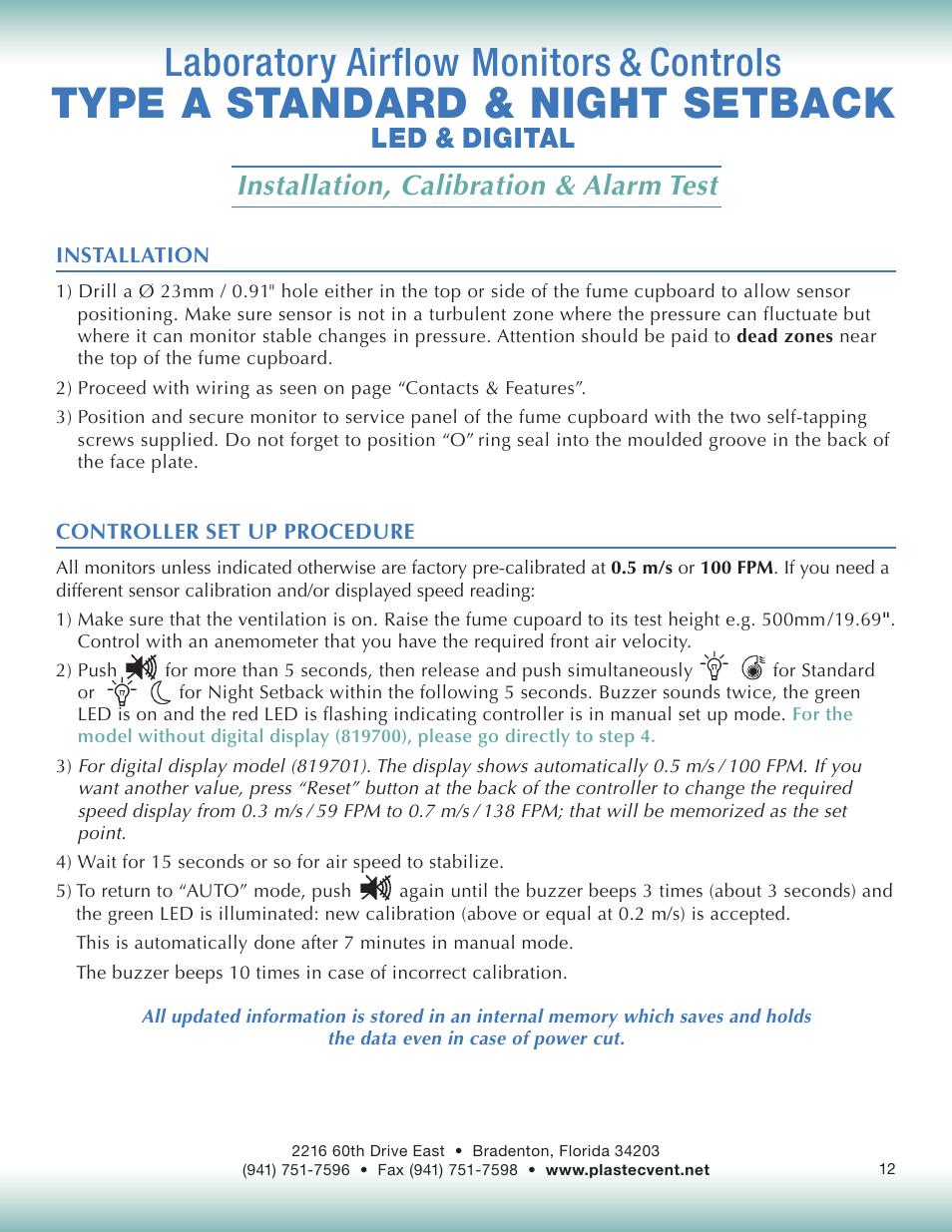 Type a standard & night setback, Laboratory airflow monitors & controls, Installation, calibration & alarm test | Led & digital | Plastec Airflow Monitor A User Manual | Page 12 / 14