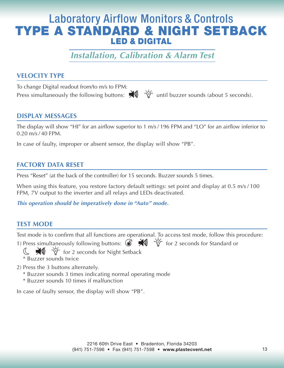 Type a standard & night setback, Laboratory airflow monitors & controls | Plastec Airflow Monitor A User Manual | Page 13 / 14