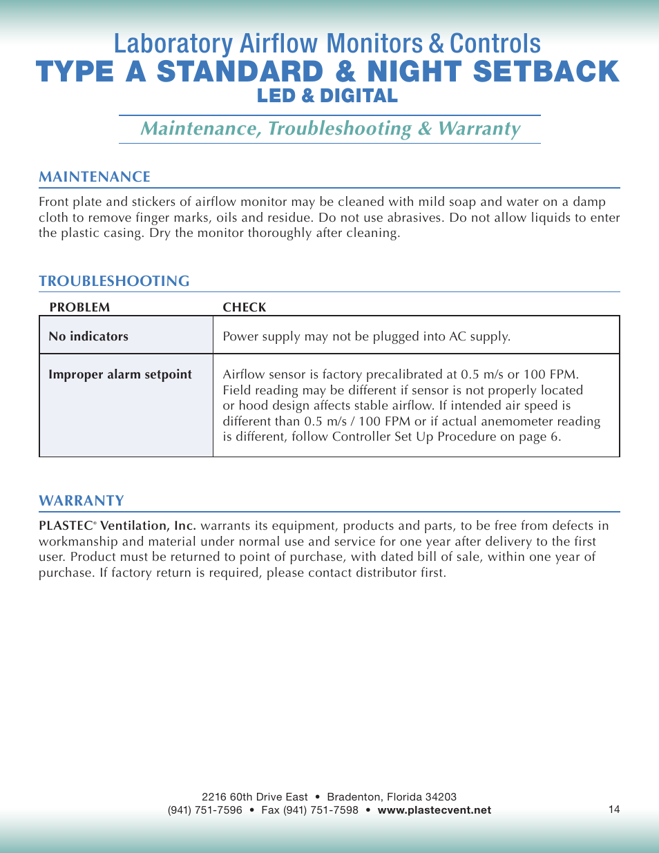 Type a standard & night setback, Laboratory airflow monitors & controls, Maintenance, troubleshooting & warranty | Led & digital | Plastec Airflow Monitor A User Manual | Page 14 / 14