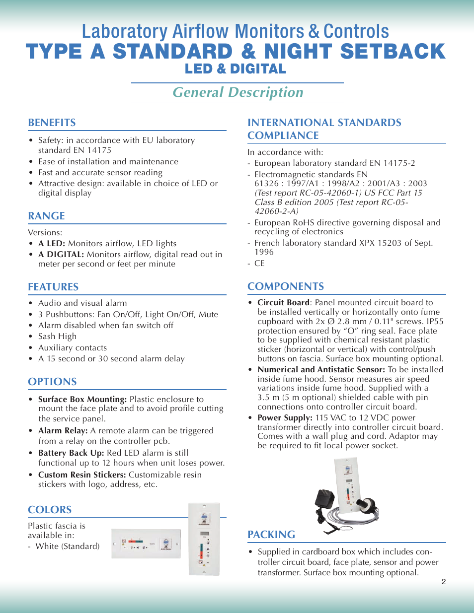 Type a standard & night setback, Laboratory airflow monitors & controls, General description | Led & digital | Plastec Airflow Monitor A User Manual | Page 2 / 14
