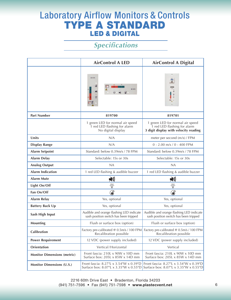 Type a standard, Laboratory airflow monitors & controls, Specifications | Led & digital | Plastec Airflow Monitor A User Manual | Page 6 / 14