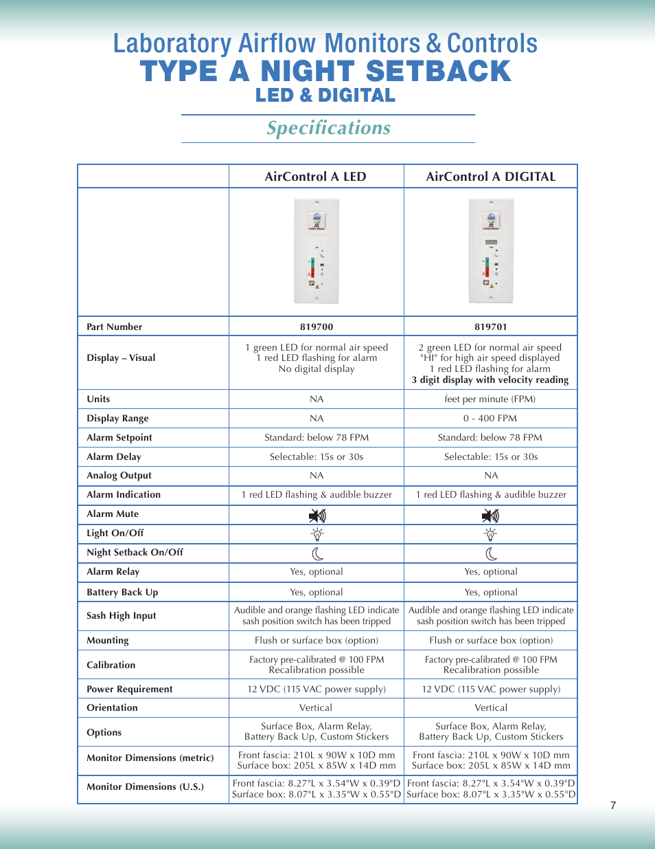 Type a night setback, Laboratory airflow monitors & controls, Specifications | Led & digital | Plastec Airflow Monitor A User Manual | Page 7 / 14