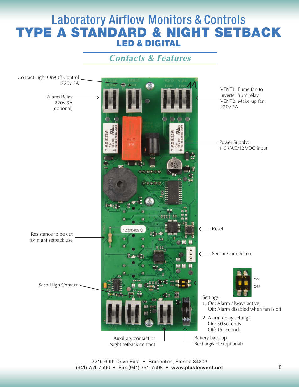 Type a standard & night setback, Laboratory airflow monitors & controls, Contacts & features | Led & digital | Plastec Airflow Monitor A User Manual | Page 8 / 14