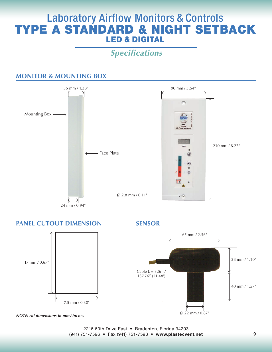 Type a standard & night setback, Laboratory airflow monitors & controls, Specifications | Led & digital | Plastec Airflow Monitor A User Manual | Page 9 / 14