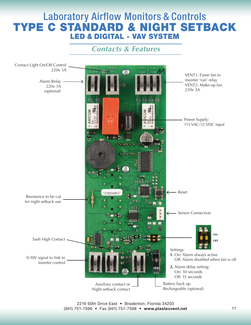 Type c standard & night setback, Laboratory airflow monitors & controls, Contacts & features | Led & digital - vav system | Plastec Variable Air C User Manual | Page 11 / 14