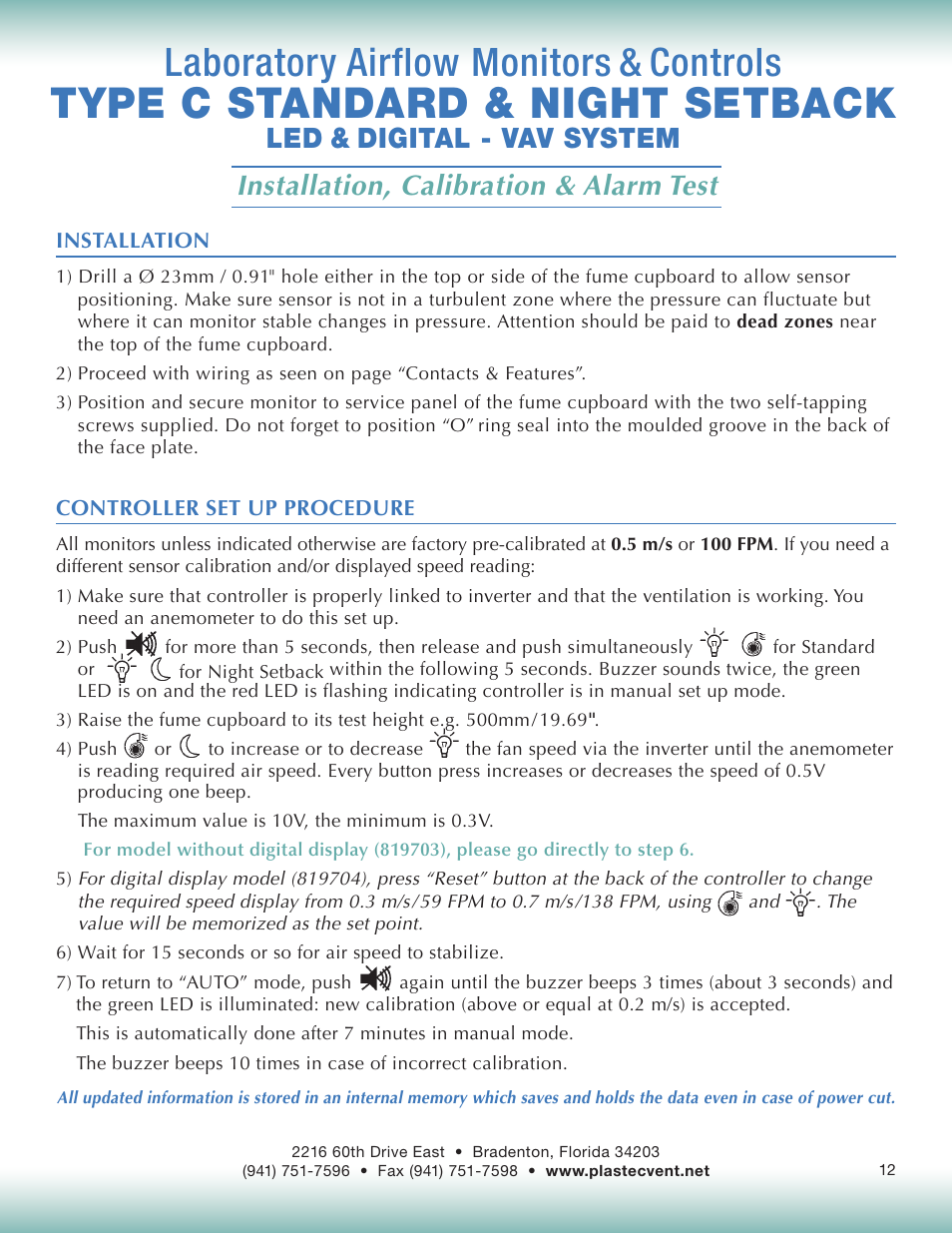 Type c standard & night setback, Laboratory airflow monitors & controls | Plastec Variable Air C User Manual | Page 12 / 14