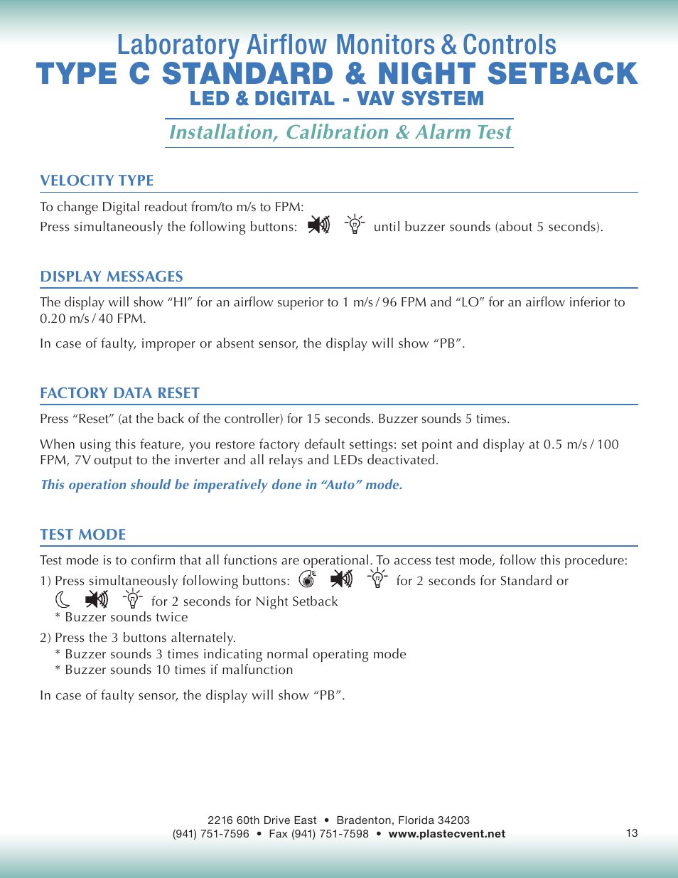 Type c standard & night setback, Laboratory airflow monitors & controls | Plastec Variable Air C User Manual | Page 13 / 14