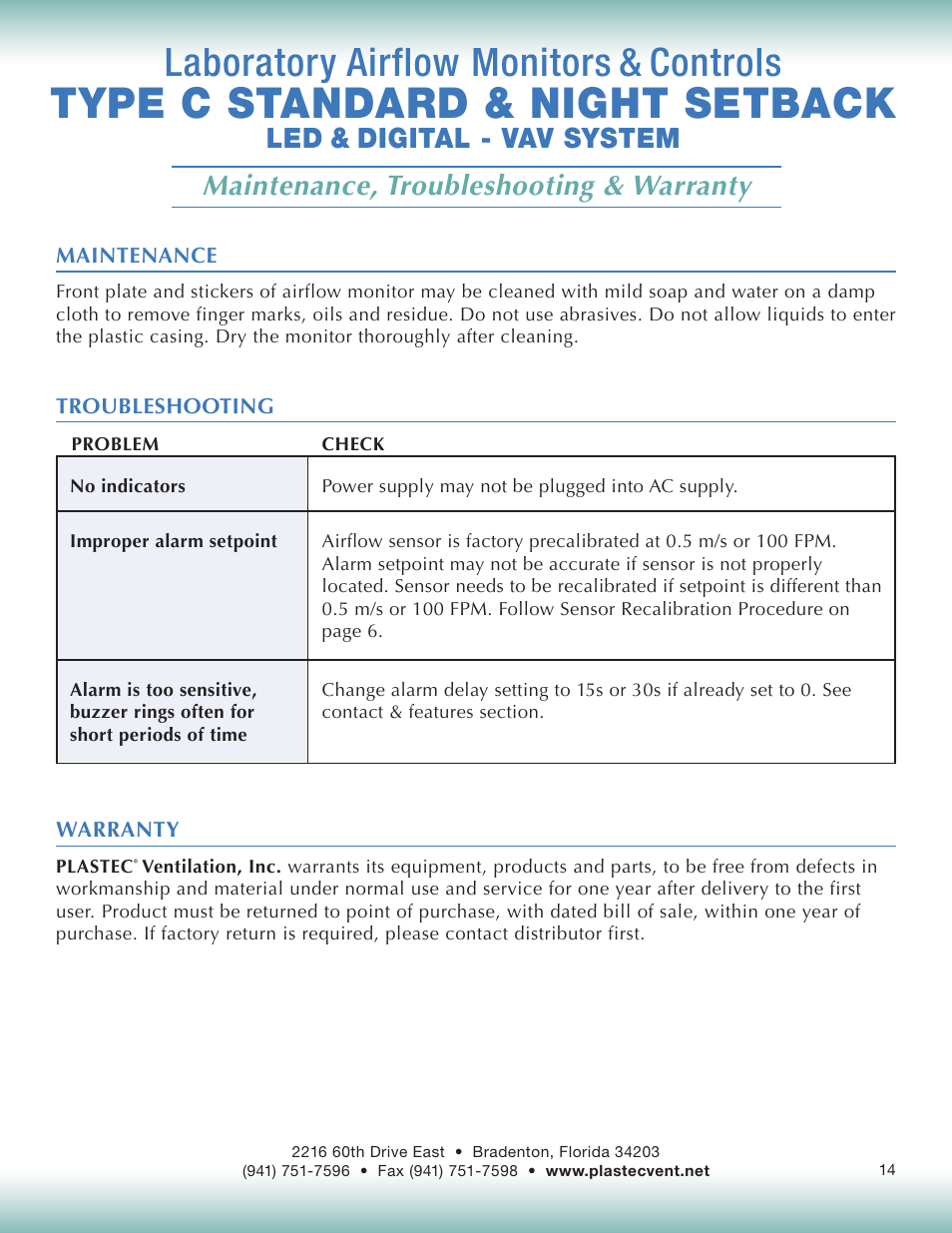 Type c standard & night setback, Laboratory airflow monitors & controls, Maintenance, troubleshooting & warranty | Led & digital - vav system | Plastec Variable Air C User Manual | Page 14 / 14