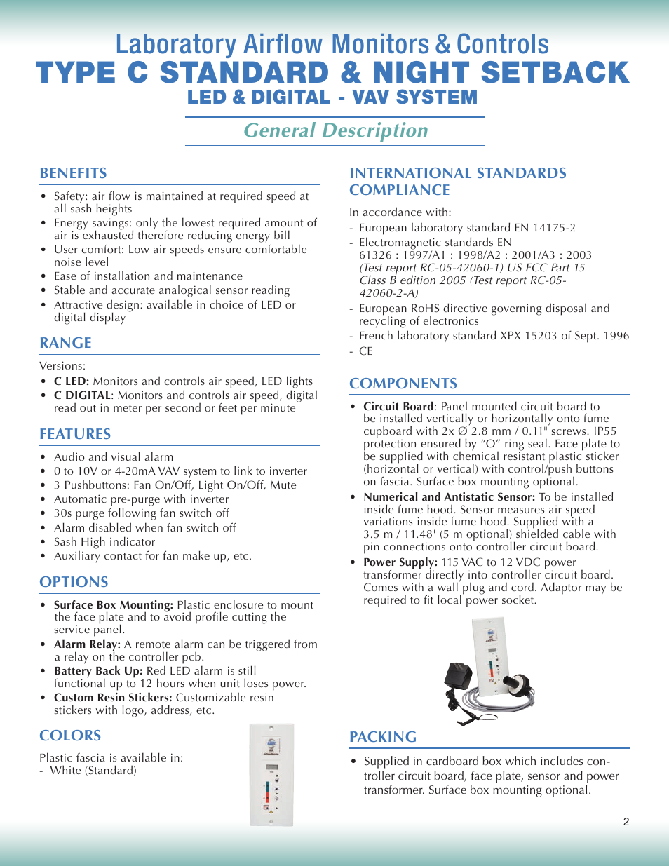 Type c standard & night setback, Laboratory airflow monitors & controls, General description | Led & digital - vav system | Plastec Variable Air C User Manual | Page 2 / 14