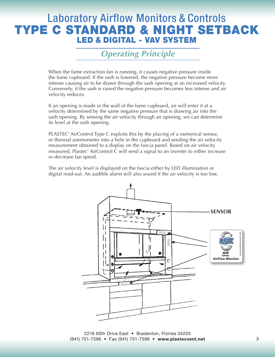 Type c standard & night setback, Laboratory airflow monitors & controls, Operating principle | Led & digital - vav system | Plastec Variable Air C User Manual | Page 3 / 14