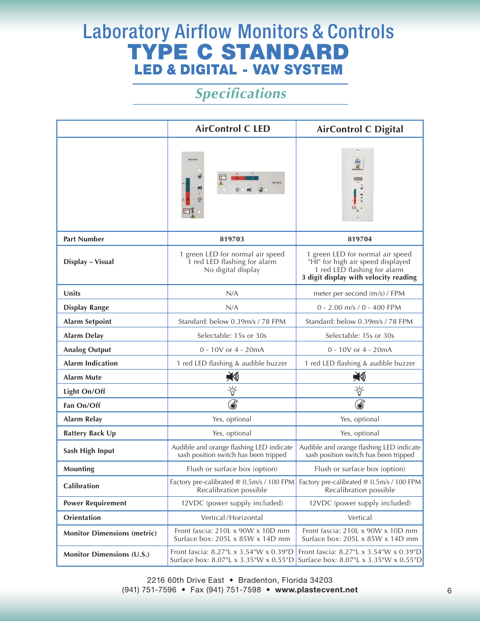 Type c standard, Laboratory airflow monitors & controls, Specifications | Led & digital - vav system | Plastec Variable Air C User Manual | Page 6 / 14