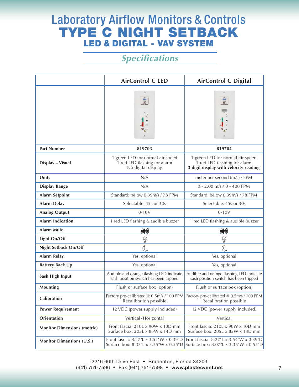 Type c night setback, Laboratory airflow monitors & controls, Specifications | Led & digital - vav system | Plastec Variable Air C User Manual | Page 7 / 14