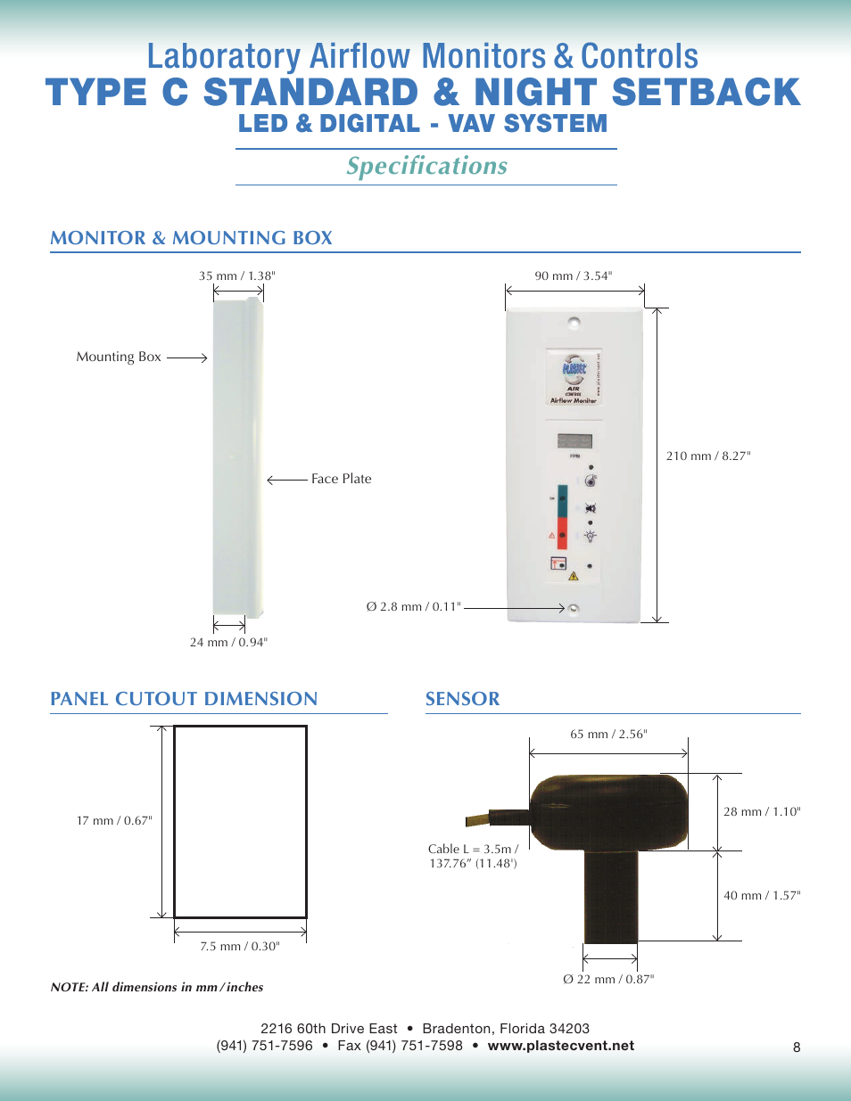 Type c standard & night setback, Laboratory airflow monitors & controls, Specifications | Led & digital - vav system | Plastec Variable Air C User Manual | Page 8 / 14