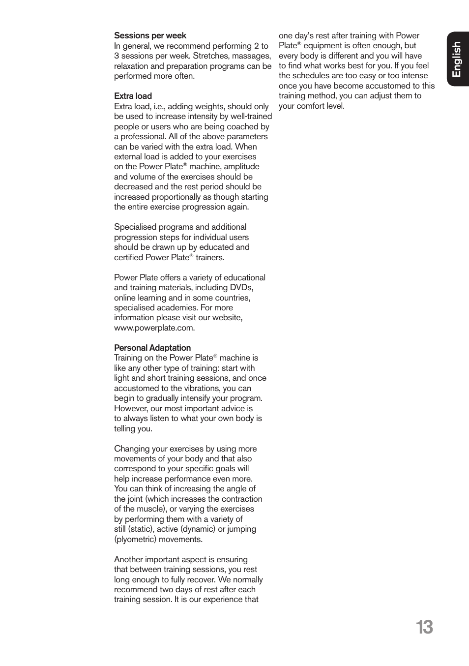 Eng lis h | Power Plate my3 User Manual | Page 13 / 16