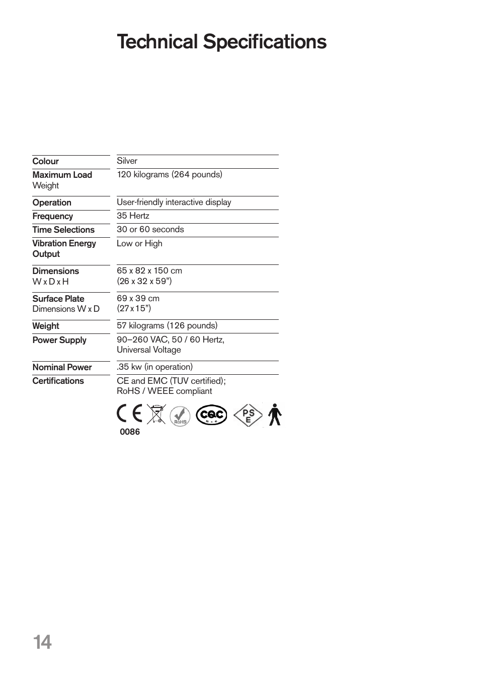 Technical specifications | Power Plate my3 User Manual | Page 14 / 16