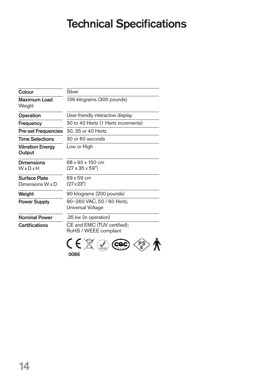 Technical specifications | Power Plate my5 User Manual | Page 14 / 16