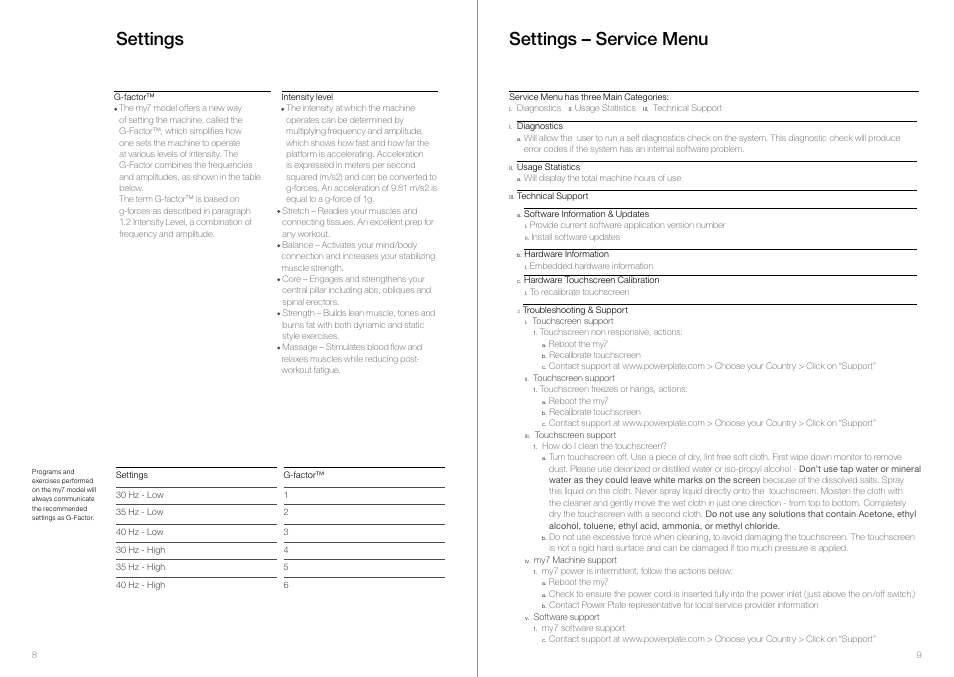 Settings settings – service menu | Power Plate my7 User Manual | Page 6 / 10