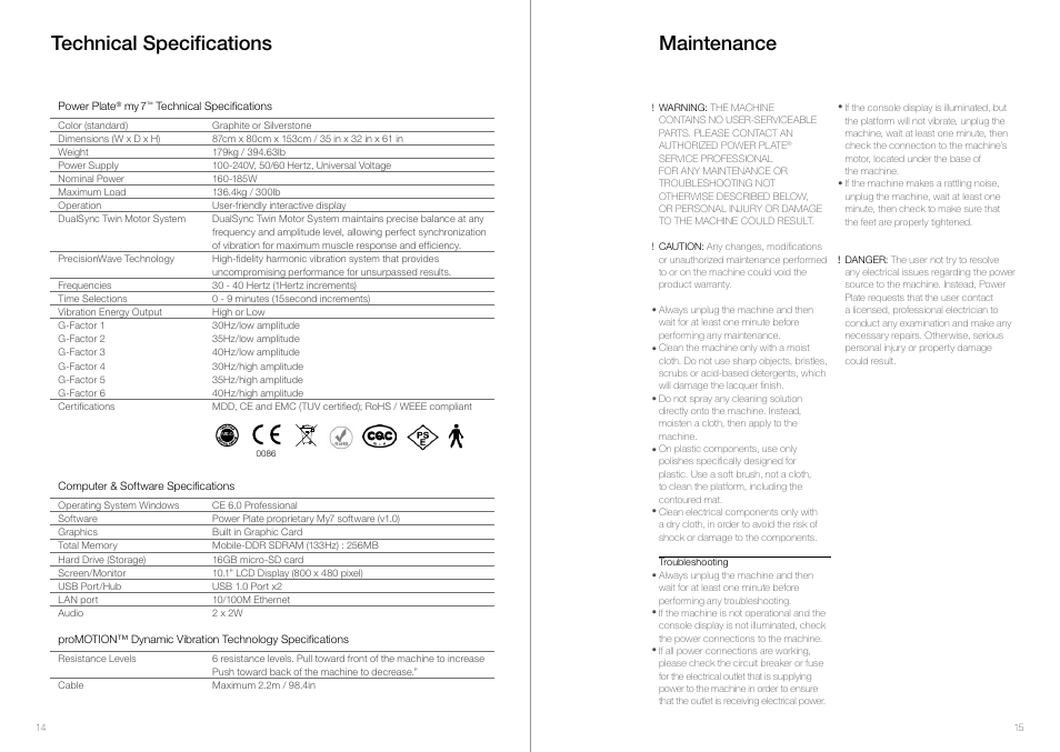 Technical specifications, Maintenance, Certified ce 0086 | Power Plate my7 User Manual | Page 9 / 10